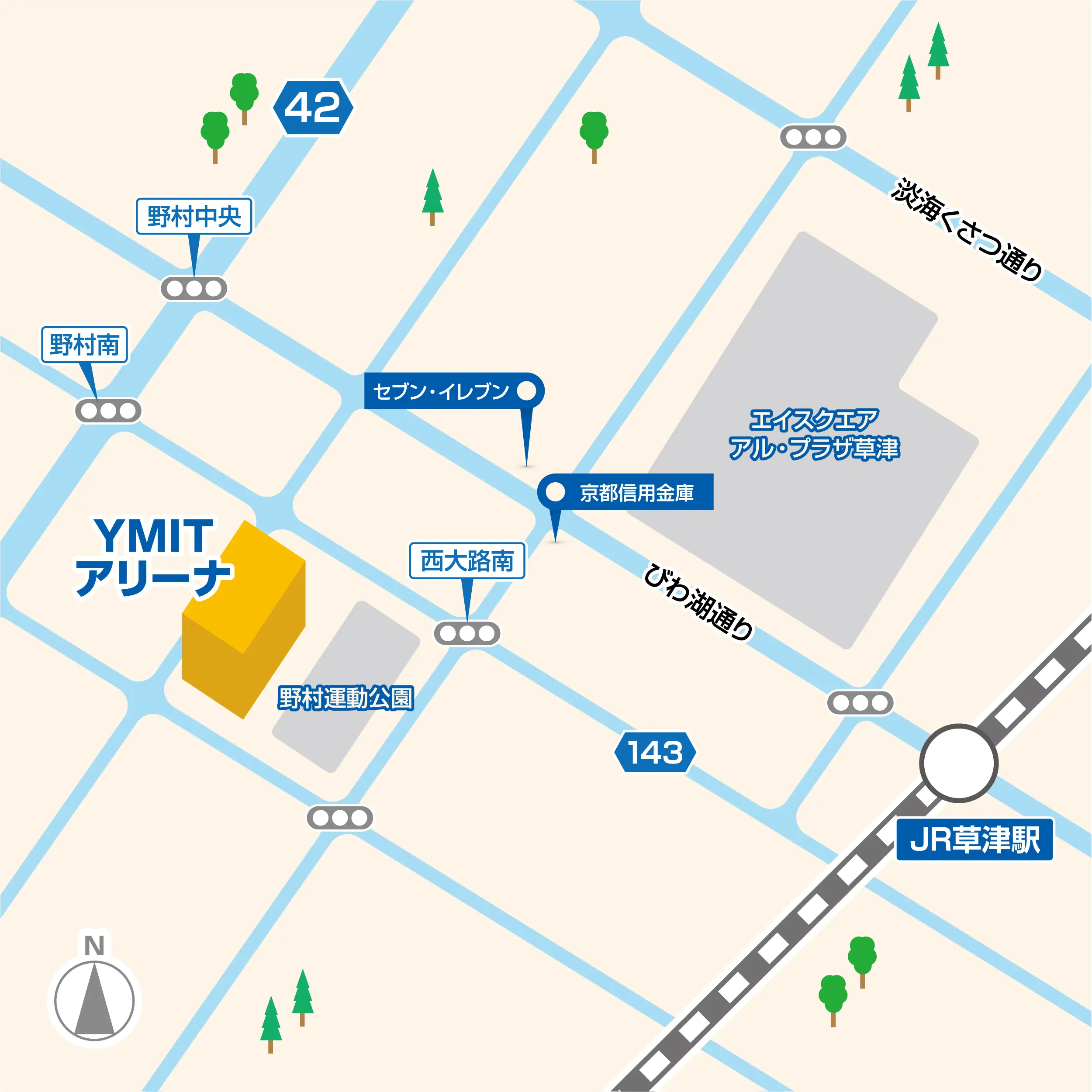 YMITアリーナ周辺エリアマップ：YMITアリーナは野村運動公演の隣に位置し、最寄り駅はJR草津駅です