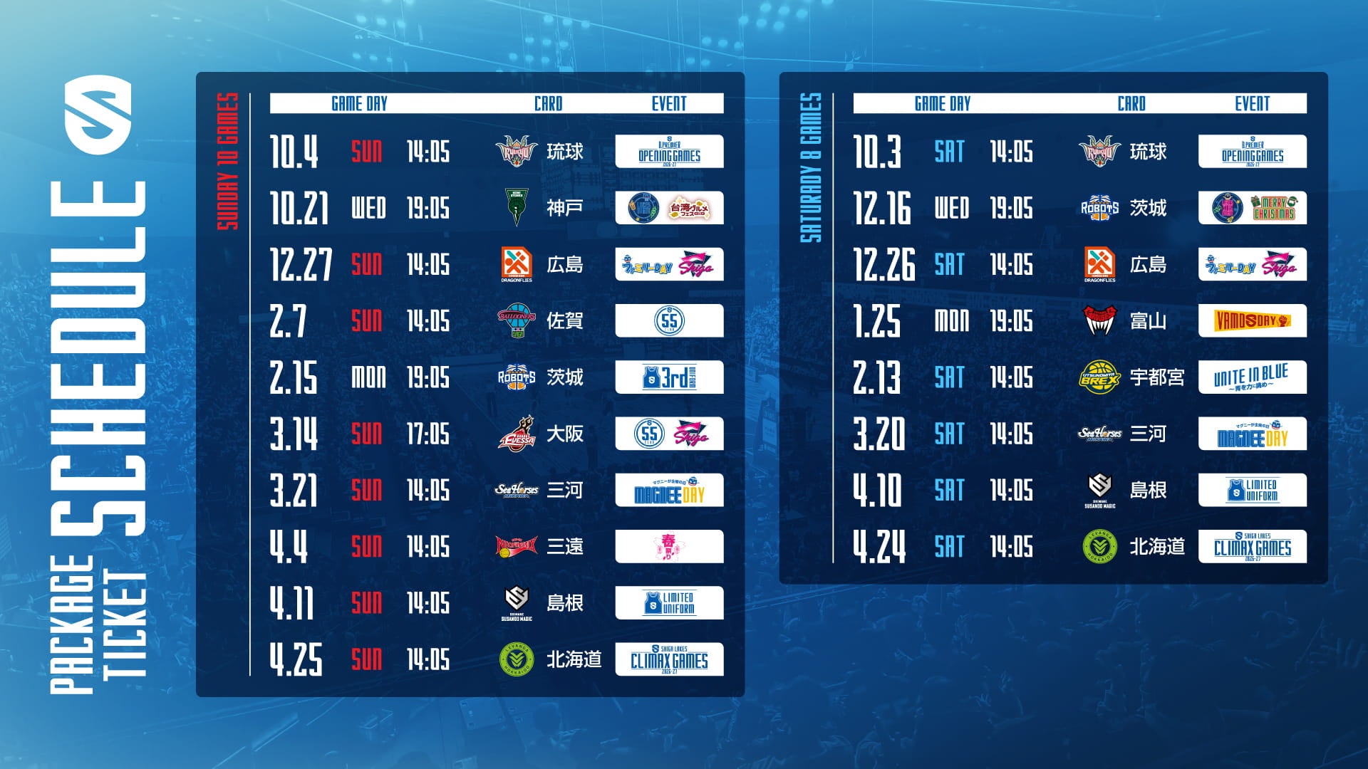 SATURDAY 8 / SUNDAY 10 GAMES 対象試合一覧