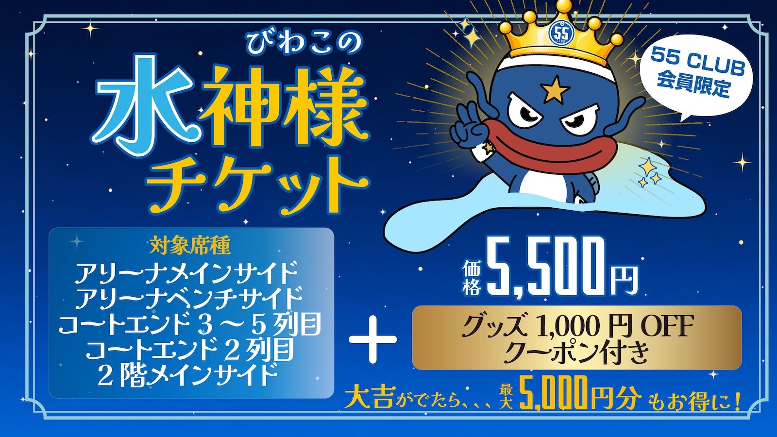 55 CLUB DAY限定「びわこの水神様チケット」の告知バナー。対象席種（アリーナメインサイド／アリーナベンチサイド／コートエンド2列目・3～5列目／2階メインサイド）、価格5,500円（税込）、グッズ1,000円OFFクーポン付き、大吉なら最大5,000円分もお得になる旨を表示